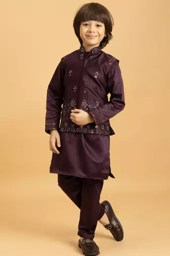 purple satin boys kurta pajama set with thread embroidered jacket