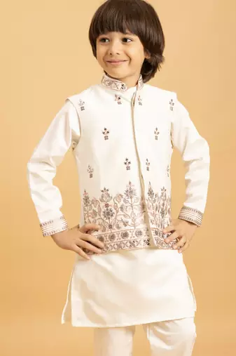 white satin boys kurta pajama set with thread embroidered jacket