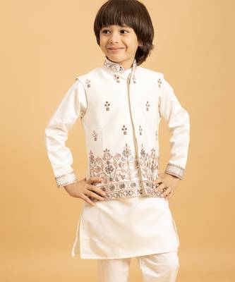 white satin boys kurta pajama set with thread embroidered jacket 7