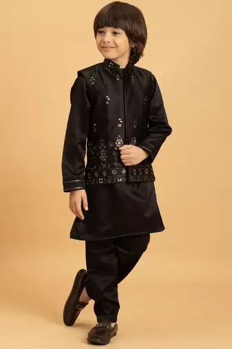 black satin boys kurta pajama set with thread embroidered jacket