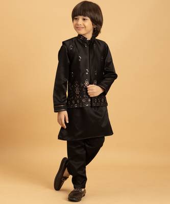 black satin boys kurta pajama set with thread embroidered jacket 7