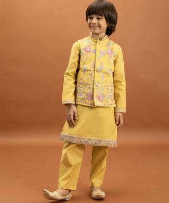 yellow viscose silk floral thread embroidered boys kurta pajama with jacket 6