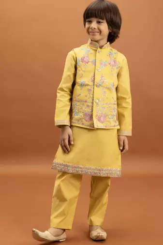 yellow viscose silk floral thread embroidered boys kurta pajama with jacket