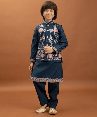 teal green viscose silk floral thread embroidered boys kurta pajama with jacket 6