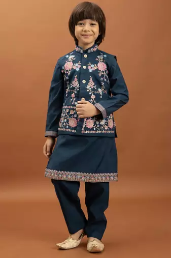 teal green viscose silk floral thread embroidered boys kurta pajama with jacket