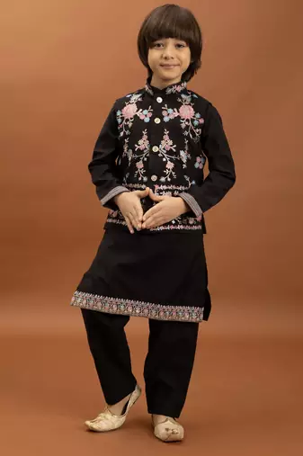 black viscose silk floral thread embroidered boys kurta pajama with jacket