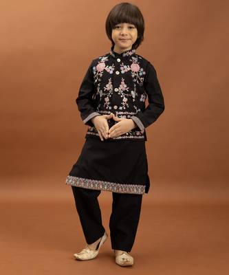 black viscose silk floral thread embroidered boys kurta pajama with jacket 7