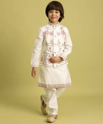 white viscose silk floral thread embroidered boys kurta pajama with jacket 6
