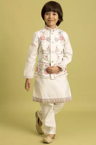 white viscose silk floral thread embroidered boys kurta pajama with jacket