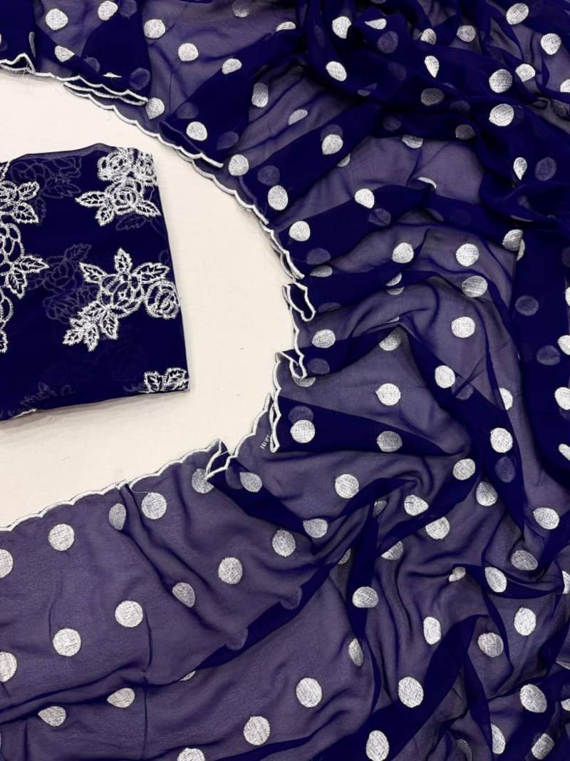 Navy Blue Colour Soft Georgette Polka Dot Saree