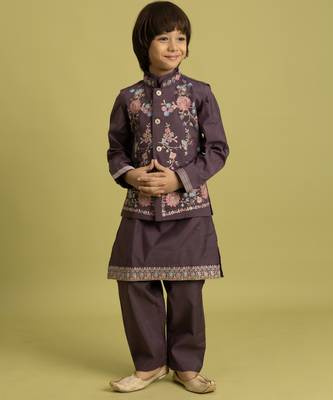 purple viscose silk floral thread embroidered boys kurta pajama with jacket 6