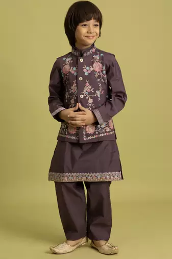 purple viscose silk floral thread embroidered boys kurta pajama with jacket