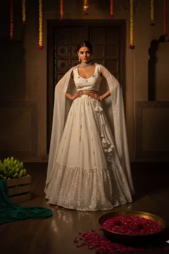 White Embroidered Lehenga Choli Set with Dupatta for Weddings, Festive Events, and Evening Parties