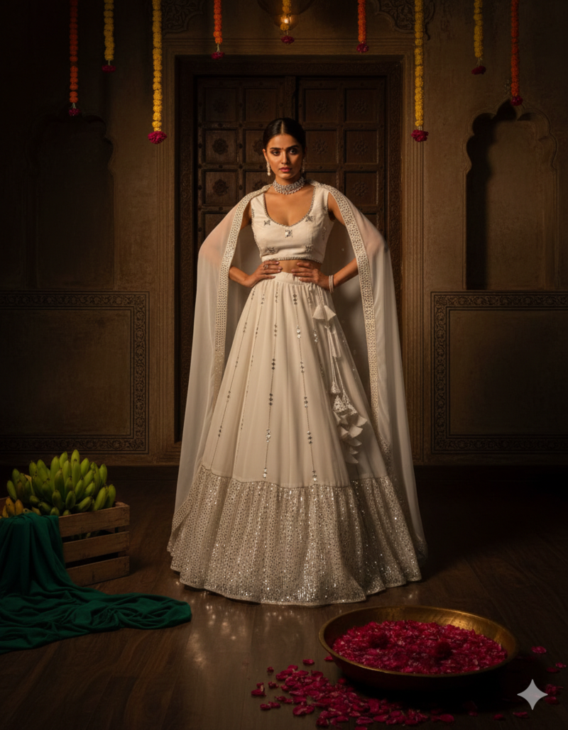 White Embroidered Lehenga Choli Set with Dupatta for Weddings, Festive Events, and Evening Parties