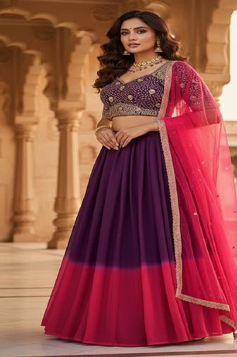Purple & Pink Georgette Lehenga Choli with Embroidered Blouse & Net Dupatta