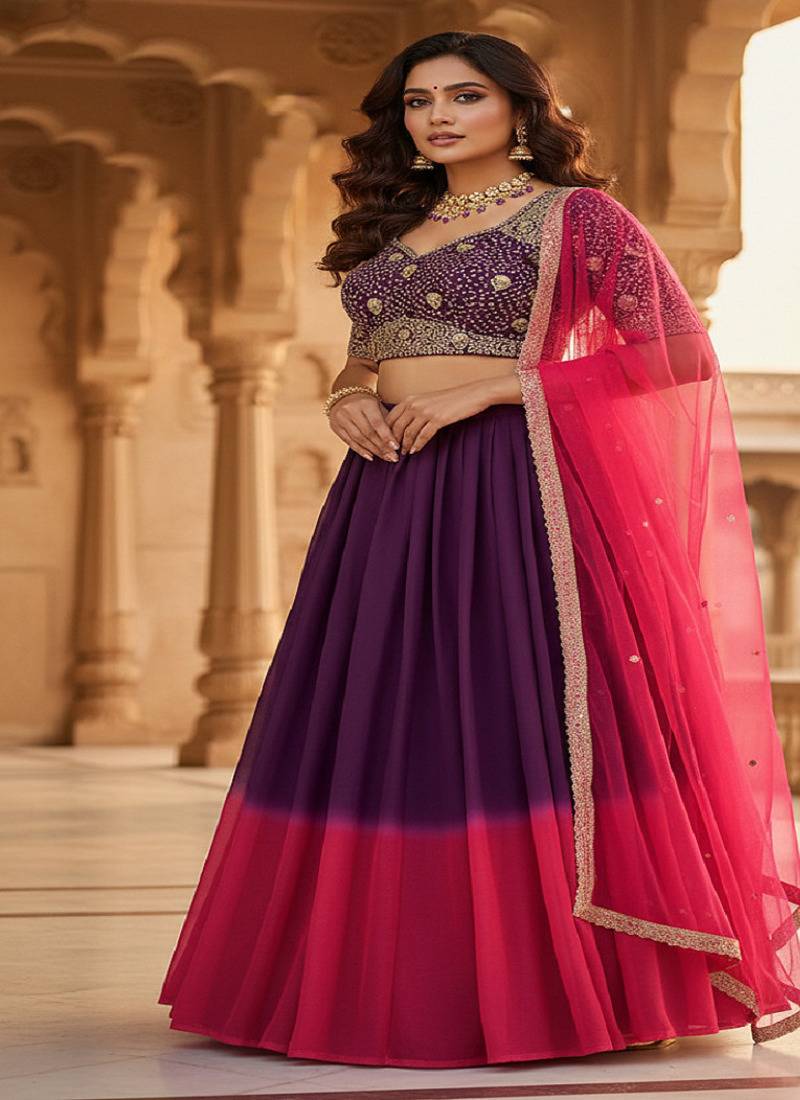 Purple & Pink Georgette Lehenga Choli with Embroidered Blouse & Net Dupatta