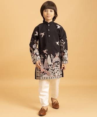 black viscose silk thread embroidered boys kurta pajama 6