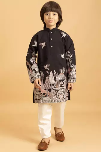 black viscose silk thread embroidered boys kurta pajama
