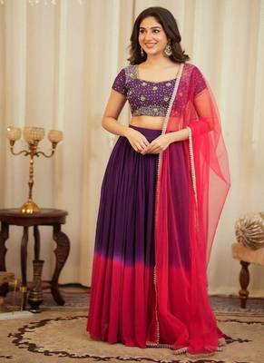 Purple & Pink Georgette Lehenga Choli with Embroidered Blouse & Net Dupatta 3