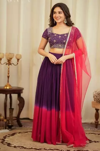 Purple & Pink Georgette Lehenga Choli with Embroidered Blouse & Net Dupatta