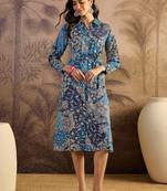 women's printed fit and flare  blue viscose blend dress