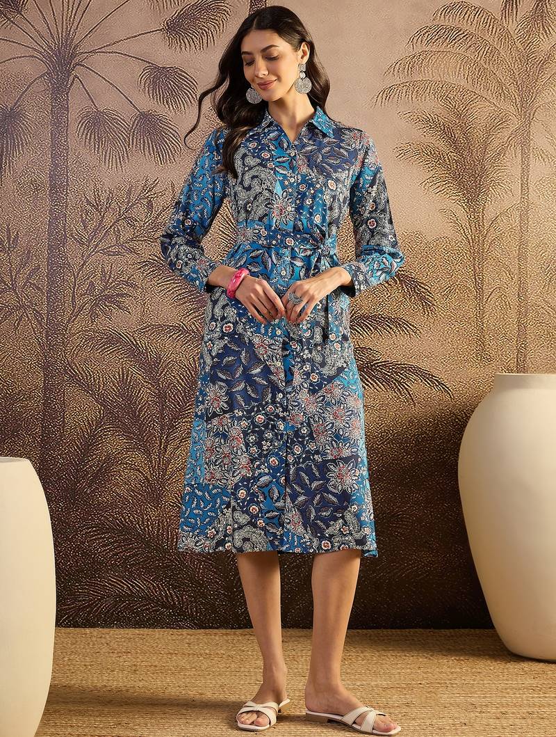 women's printed fit and flare  blue viscose blend dress