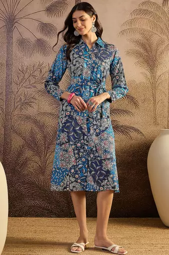 women's printed fit and flare  blue viscose blend dress