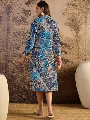 women's printed fit and flare  blue viscose blend dress 3