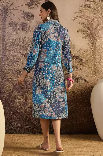 women's printed fit and flare  blue viscose blend dress