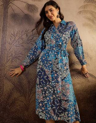 women's printed fit and flare  blue viscose blend dress 4