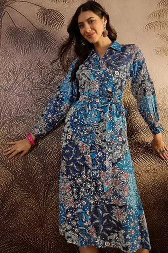 women's printed fit and flare  blue viscose blend dress
