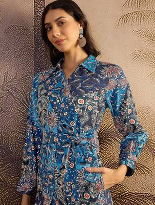 women's printed fit and flare  blue viscose blend dress 5