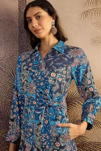 women's printed fit and flare  blue viscose blend dress