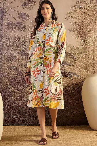 women's printed fit and flare beige cotton siub dress