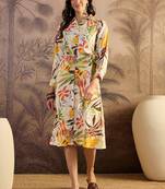 women's printed fit and flare beige cotton siub dress