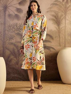 women's printed fit and flare beige cotton siub dress 2