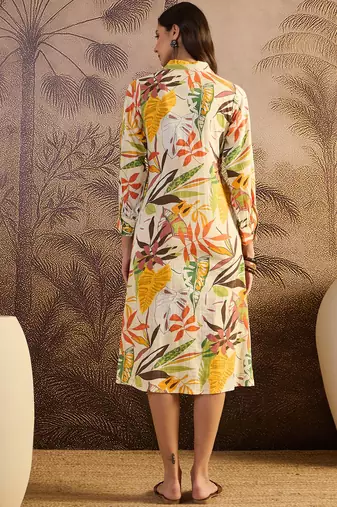 women's printed fit and flare beige cotton siub dress