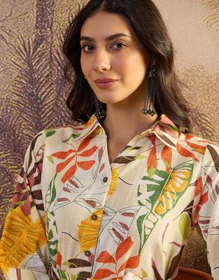 women's printed fit and flare beige cotton siub dress 5