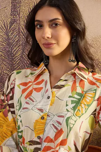 women's printed fit and flare beige cotton siub dress