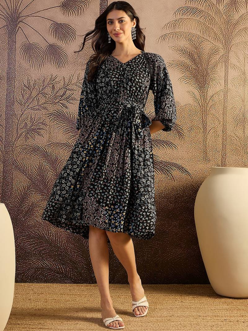 women's printed fit and flare  black viscose rayon dress