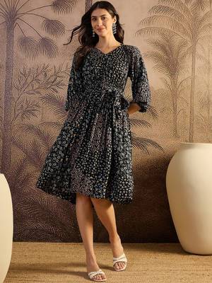 women's printed fit and flare  black viscose rayon dress 2