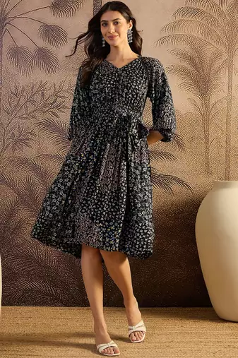 women's printed fit and flare  black viscose rayon dress