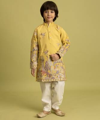 yellow viscose silk thread embroidered boys kurta pajama 6