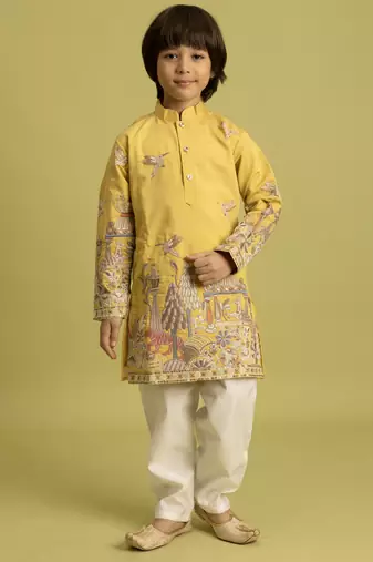 yellow viscose silk thread embroidered boys kurta pajama