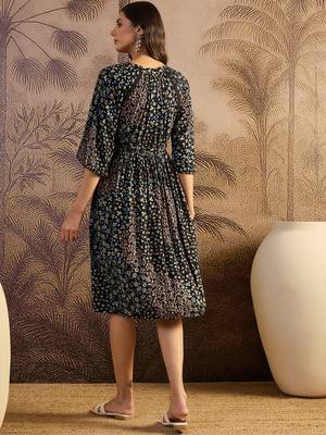 women's printed fit and flare  black viscose rayon dress 3