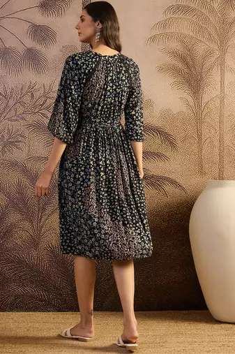 women's printed fit and flare  black viscose rayon dress