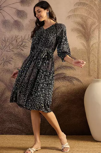 women's printed fit and flare  black viscose rayon dress
