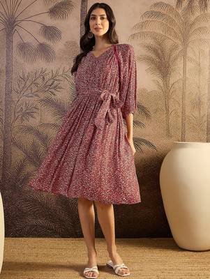 women's printed fit and flare  red viscose lurex dress 1