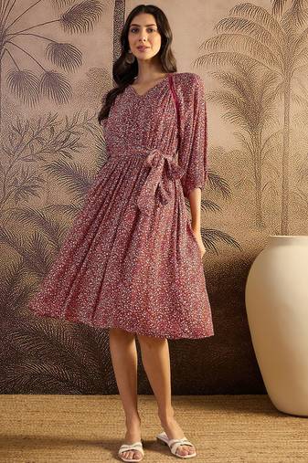 women's printed fit and flare  red viscose lurex dress