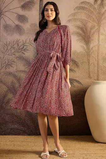 women's printed fit and flare  red viscose lurex dress